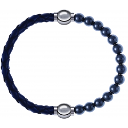 Apollon - Collection MiX - bracelet combinable cuir tressé italien bleu - 10,5cm + hématite 6mm - 10,25cm