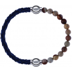 Apollon - Collection MiX - bracelet combinable cuir tressé italien bleu - 10,5cm + agate jaspe 6mm - 10,25cm