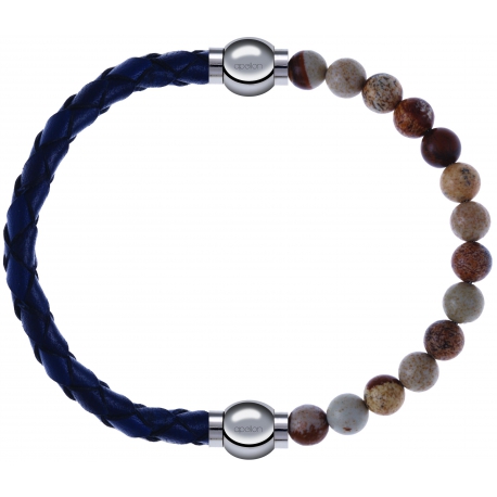 Apollon - Collection MiX - bracelet combinable cuir tressé italien bleu - 10,5cm + agate jaspe 6mm - 10,25cm