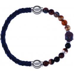 Apollon - Collection MiX - bracelet combinable cuir tressé italien bleu - 10,5cm + agate marron 6mm - Bouddha - 10cm