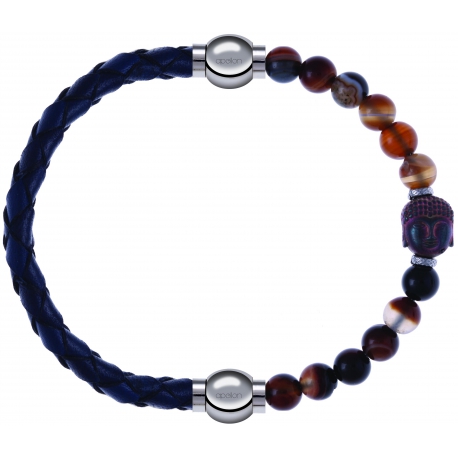 Apollon - Collection MiX - bracelet combinable cuir tressé italien bleu - 10,5cm + agate marron 6mm - Bouddha - 10cm