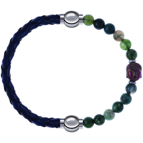 Apollon - Collection MiX - bracelet combinable cuir tressé italien bleu - 10,5cm + agate verte 6mm - Bouddha - 10cm
