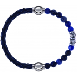 Apollon - Collection MiX - bracelet combinable cuir tressé italien bleu - 10,5cm + labradorite 6mm - 10cm