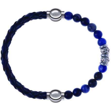 Apollon - Collection MiX - bracelet combinable cuir tressé italien bleu - 10,5cm + labradorite 6mm - 10cm