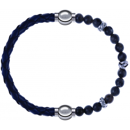 Apollon - Collection MiX - bracelet combinable cuir tressé italien bleu - 10,5cm + labradorite 6mm - 10cm