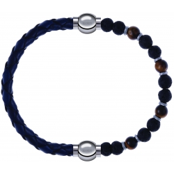 Apollon - Collection MiX - bracelet combinable cuir tressé italien bleu - 10,5cm + oeil de tigre - pierre de lave 6mm - 10,75cm