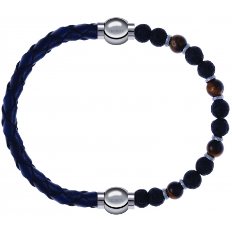 Apollon - Collection MiX - bracelet combinable cuir tressé italien bleu - 10,5cm + oeil de tigre - pierre de lave 6mm - 10,75cm