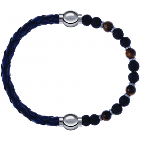 Apollon - Collection MiX - bracelet combinable cuir tressé italien bleu - 10,5cm + oeil de tigre - pierre de lave 6mm - 10,75cm