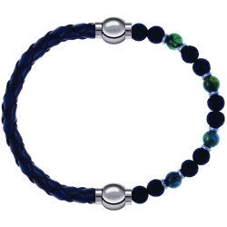 Apollon - Collection MiX - bracelet combinable cuir tressé italien bleu-10,5cm + agate teintée verte-pierre de lave 6mm-10,75cm