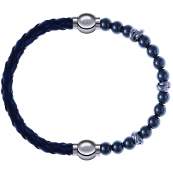 Apollon - Collection MiX - bracelet combinable cuir tressé italien bleu - 10,5cm + hématite 6mm - 10cm