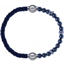 Apollon - Collection MiX - bracelet combinable cuir tressé italien bleu - 10,5cm + hématite 6mm - 10cm