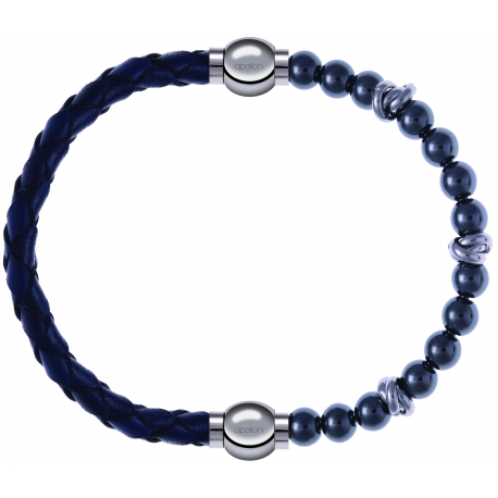 Apollon - Collection MiX - bracelet combinable cuir tressé italien bleu - 10,5cm + hématite 6mm - 10cm