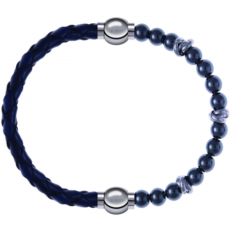 Apollon - Collection MiX - bracelet combinable cuir tressé italien bleu - 10,5cm + hématite 6mm - 10cm