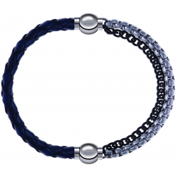 Apollon - Collection MiX - bracelet combinable cuir tressé italien bleu - 10,5cm + chaines 2 tons noir et blancs - 10,25cm