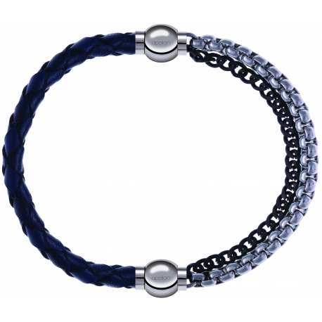 Apollon - Collection MiX - bracelet combinable cuir tressé italien bleu - 10,5cm + chaines 2 tons noir et blancs - 10,25cm