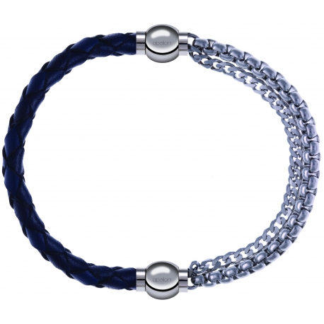 Apollon - Collection MiX - bracelet combinable cuir tressé italien bleu - 10,5cm + chaines - 10,25cm