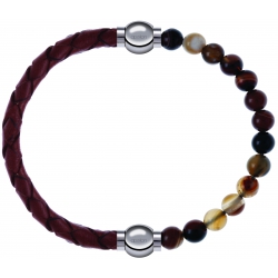Apollon - Collection MiX - bracelet combinable cuir tressé italien marron - 10,5cm + agate marron 6mm - 10,25cm