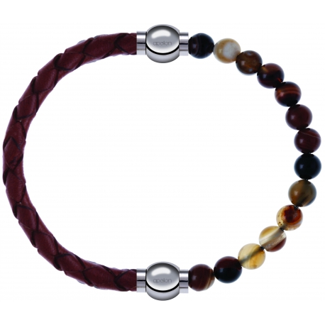 Apollon - Collection MiX - bracelet combinable cuir tressé italien marron - 10,5cm + agate marron 6mm - 10,25cm