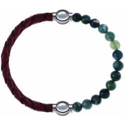 Apollon - Collection MiX - bracelet combinable cuir tressé italien marron - 10,5cm + agate verte mousse 6mm - 10,25cm