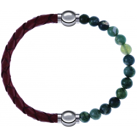 Apollon - Collection MiX - bracelet combinable cuir tressé italien marron - 10,5cm + agate verte mousse 6mm - 10,25cm