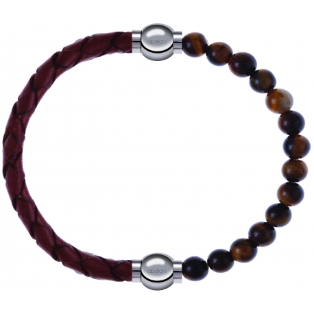 Apollon - Collection MiX - bracelet combinable cuir tressé italien marron - 10,5cm + oeil de tigre 6mm - 10,25cm