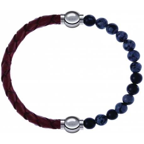 Apollon - Collection MiX - bracelet combinable cuir tressé italien marron - 10,5cm + obsidienne neige 6mm - 10,25cm