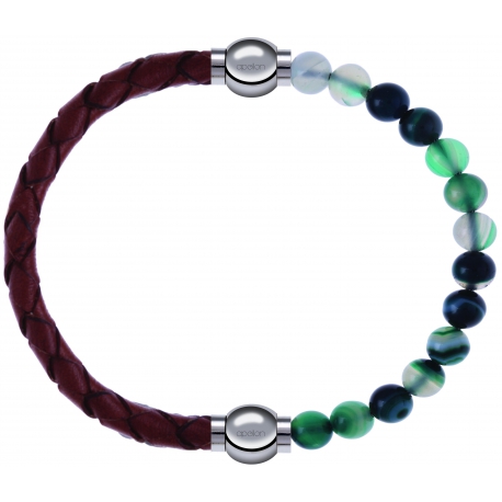 Apollon - Collection MiX - bracelet combinable cuir tressé italien marron - 10,5cm + agate indienne teintée 6mm - 10,25cm