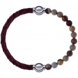 Apollon - Collection MiX - bracelet combinable cuir tressé italien marron - 10,5cm + agate jaspe 6mm - 10,25cm