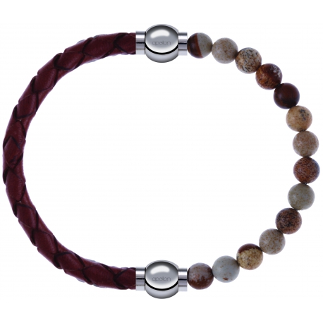 Apollon - Collection MiX - bracelet combinable cuir tressé italien marron - 10,5cm + agate jaspe 6mm - 10,25cm