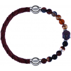 Apollon - Collection MiX - bracelet combinable cuir tressé italien marron - 10,5cm + agate marron 6mm - Bouddha - 10cm