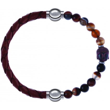 Apollon - Collection MiX - bracelet combinable cuir tressé italien marron - 10,5cm + agate marron 6mm - Bouddha - 10cm