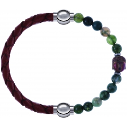 Apollon - Collection MiX - bracelet combinable cuir tressé italien marron - 10,5cm + agate verte 6mm - Bouddha - 10cm