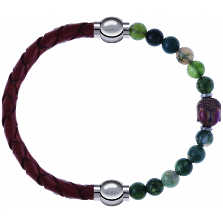 Apollon - Collection MiX - bracelet combinable cuir tressé italien marron - 10,5cm + agate verte 6mm - Bouddha - 10cm