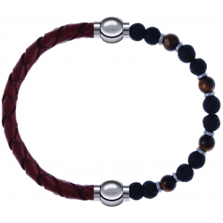 Apollon - Collection MiX - bracelet combinable cuir tressé italien marron - 10,5cm +oeil de tigre - pierre de lave 6mm - 10,75cm