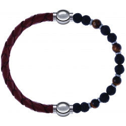 Apollon - Collection MiX - bracelet combinable cuir tressé italien marron - 10,5cm +oeil de tigre - pierre de lave 6mm - 10,75cm