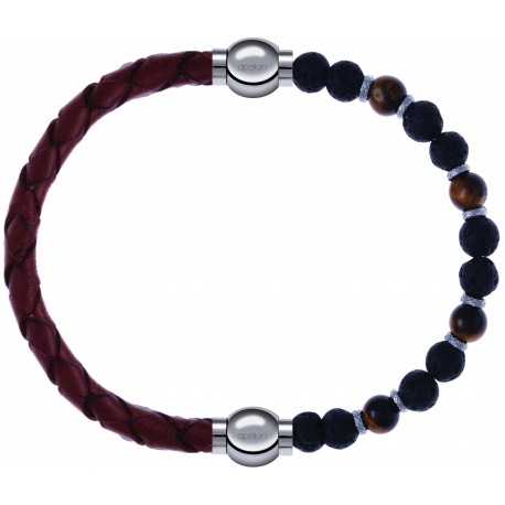 Apollon - Collection MiX - bracelet combinable cuir tressé italien marron - 10,5cm +oeil de tigre - pierre de lave 6mm - 10,75cm