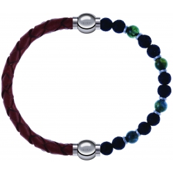 Apollon - Collection MiX-bracelet combinable cuir tressé italien marron-10,5cm + agate teintée verte-pierre de lave 6mm-10,75cm