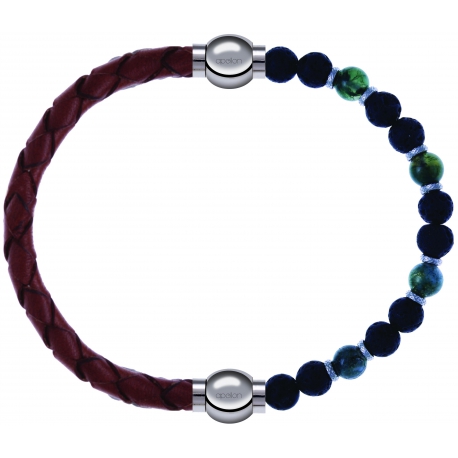 Apollon - Collection MiX-bracelet combinable cuir tressé italien marron-10,5cm + agate teintée verte-pierre de lave 6mm-10,75cm