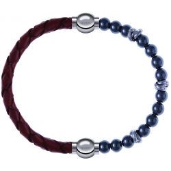 Apollon - Collection MiX - bracelet combinable cuir tressé italien marron - 10,5cm + hématite 6mm - 10cm