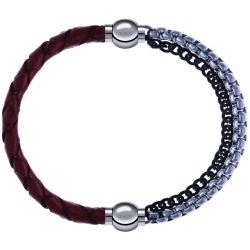 Apollon - Collection MiX - bracelet combinable cuir tressé italien marron - 10,5cm + chaines 2 tons noir et blancs - 10,25cm