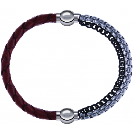 Apollon - Collection MiX - bracelet combinable cuir tressé italien marron - 10,5cm + chaines 2 tons noir et blancs - 10,25cm