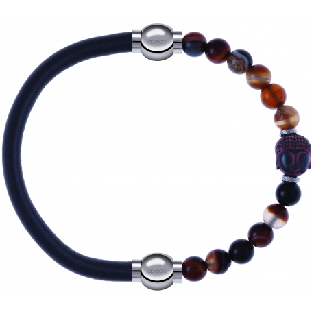 Apollon - Collection MiX - bracelet combinable cuir italien gris - 10,25cm + agate marron 6mm - Bouddha - 10cm