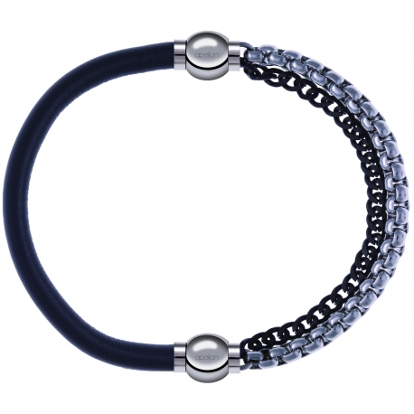 Apollon - Collection MiX - bracelet combinable cuir italien gris - 10,25cm + chaines 2 tons noir et blancs - 10,25cm