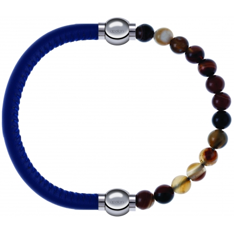 Apollon - Collection MiX - bracelet combinable cuir italien bleu - 10,25cm + agate marron 6mm - 10,25cm
