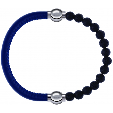 Apollon - Collection MiX - bracelet combinable cuir italien bleu - 10,25cm + pierre de lave 6mm - 10,25cm