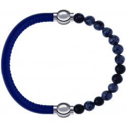 Apollon - Collection MiX - bracelet combinable cuir italien bleu - 10,25cm + obsidienne neige 6mm - 10,25cm