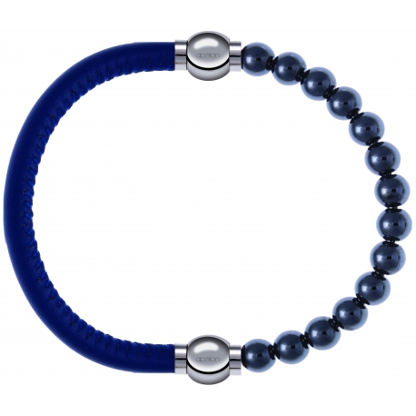 Apollon - Collection MiX - bracelet combinable cuir italien bleu - 10,25cm + hématite 6mm - 10,25cm