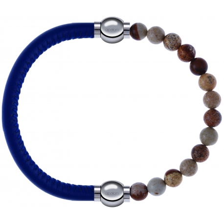 Apollon - Collection MiX - bracelet combinable cuir italien bleu - 10,25cm + agate jaspe 6mm - 10,25cm