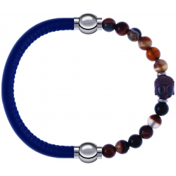 Apollon - Collection MiX - bracelet combinable cuir italien bleu - 10,25cm + agate marron 6mm - Bouddha - 10cm