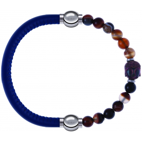 Apollon - Collection MiX - bracelet combinable cuir italien bleu - 10,25cm + agate marron 6mm - Bouddha - 10cm